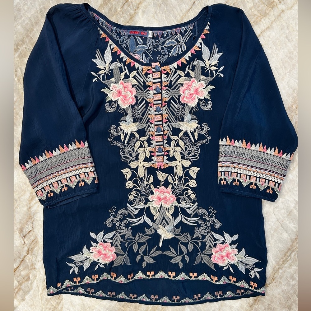Johnny Was Mari Embroidered Tunic Womens M | Navy Blue 3/4 Sleeve Boho